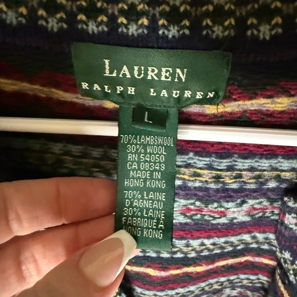 Lauren Ralph Lauren Fair Isle LambsWool Cardigan Sweater Women L Vintage Nordic - Picture 2 of 4